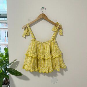 Innika Choo Yellow Gingham Print Flowy Scallop Cropped Tank One Size